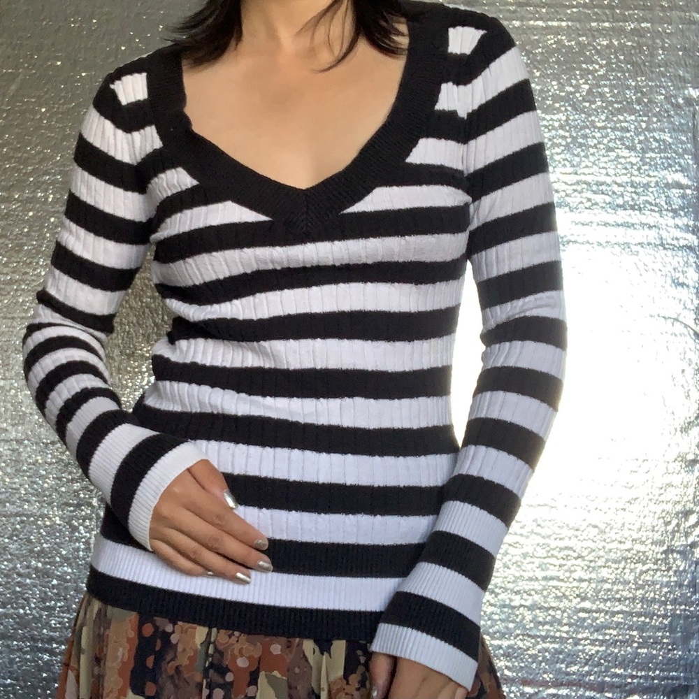 Cozy black and white striped sweater